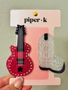piper•k Red Glitter Guitar & Silver Glitter Cowboy Boot Hair clips